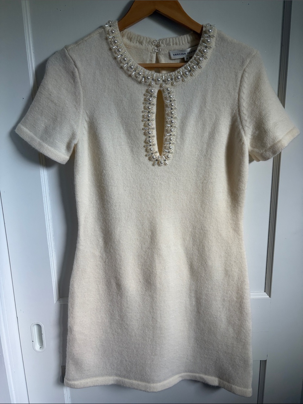 English Factory Cream Short-Sleeve Sweater Dress with Keyhole Trim